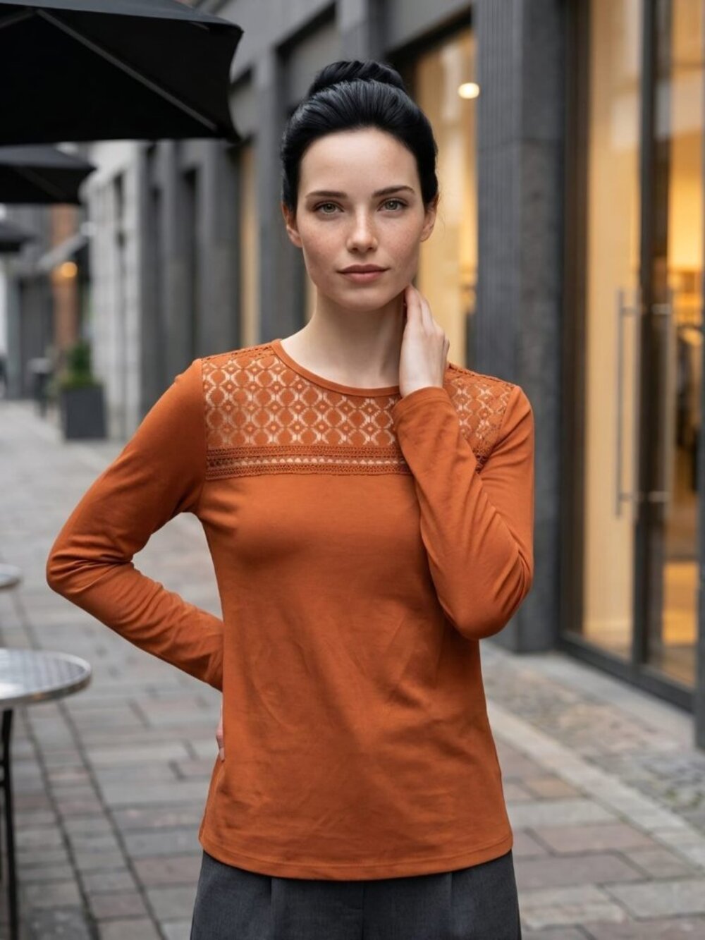 BTFBM Brown Knit Blouse with Lace Yoke and Long Sleeves — Size S
